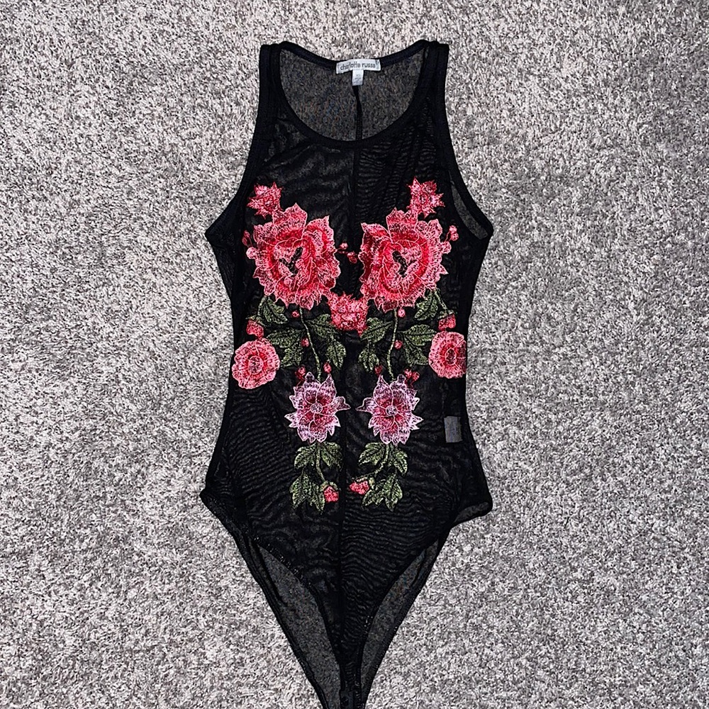 Sheer black floral body suit US size XS